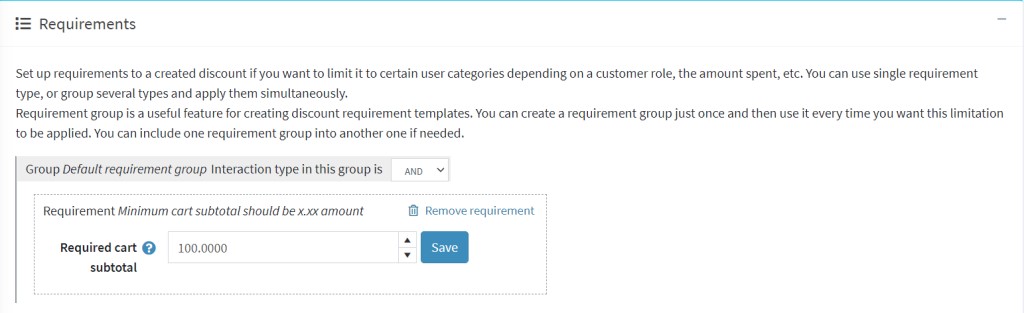 discount cart subtotal requirement group